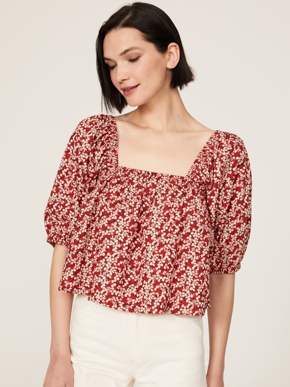Apiece Apart Floral Square-Neck Puff Sleeve Top Red Size Medium